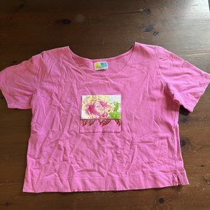 Women's Pink Cropped Top Large with Floral Patch